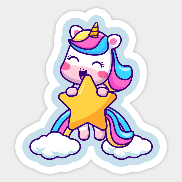 Cute Unicorn Flying With Star And Rainbow Cloud Cartoon Sticker by Catalyst Labs